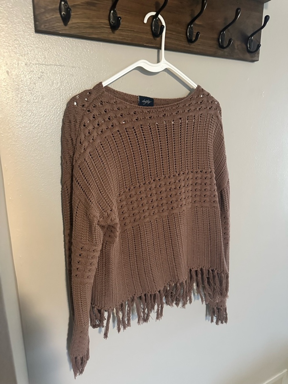 Daytrip Taupe Open-Knit Fringe Crewneck Sweater